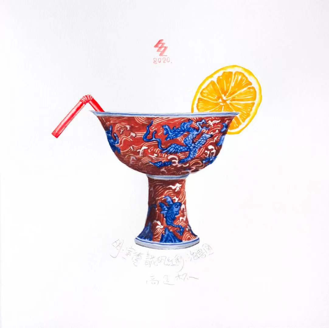 Hand-Painted Watercolor Art of Blue and White Porcelain Cocktail Glasses