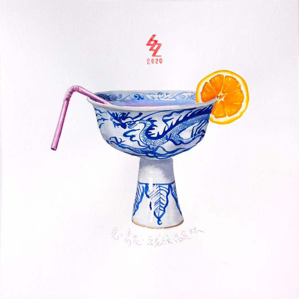 Hand-Painted Watercolor Art of Blue and White Porcelain Cocktail Glasses