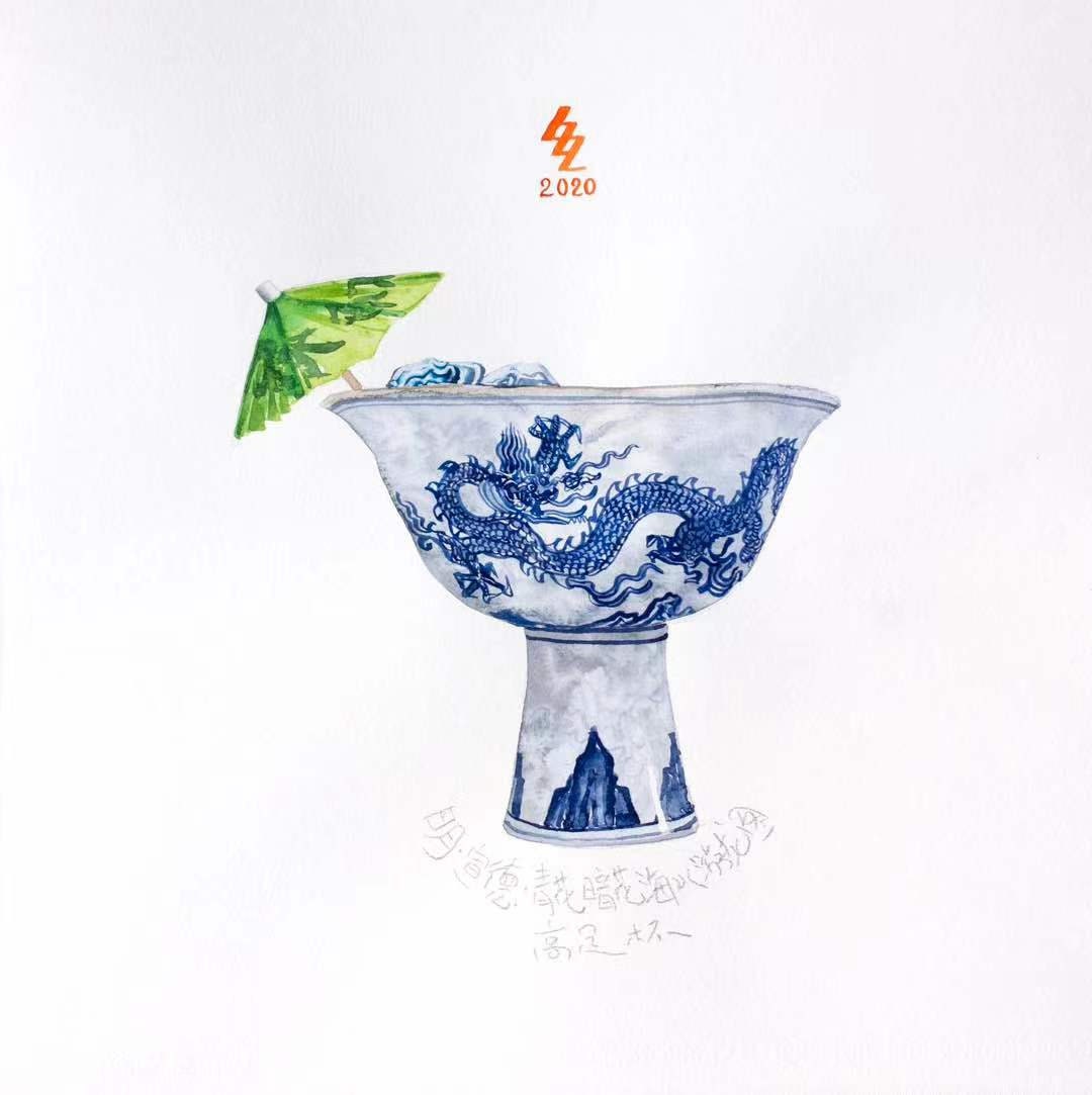 Hand-Painted Watercolor Art of Blue and White Porcelain Cocktail Glasses